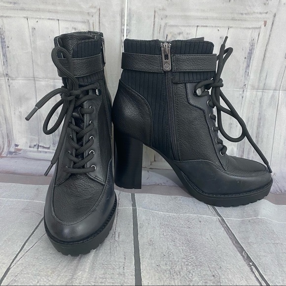 Antonio Melani Size 7.5M 7.5 Black Leather Lace Up Chunky Ankle Booties Zip - Picture 2 of 15